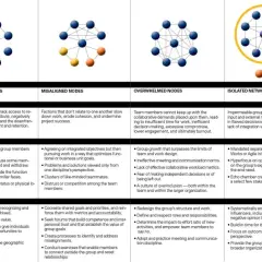 Diagram illustrating coaching challenges in team networks: hub-and-spoke, disenfanchised, misaligned, overwhelmed, isolated, and priority overload.